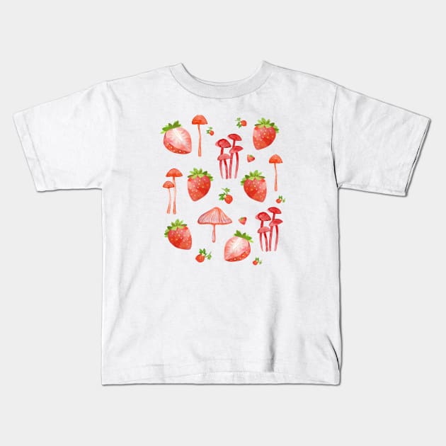 Cottagecore Mushrooms and Strawberries Kids T-Shirt by BethTheKilljoy